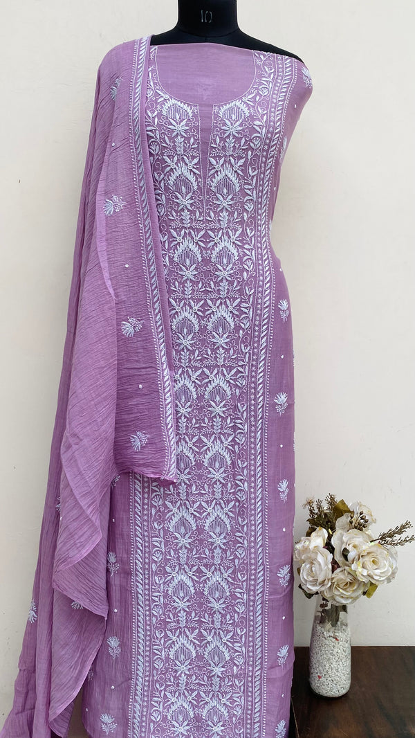 Lucknowi Chikankari Suit Length 2 Piece Purple Mal Chanderi With Pearl & Cutdana Work