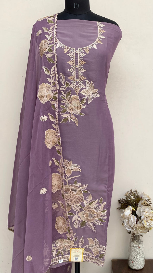 Designer Embroidered Suit Length 3 Piece Purple Mal Chanderi