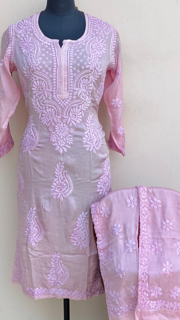 Lucknowi Chikankari Co-ord Set Pink Muslin Cotton With Self 3D Work