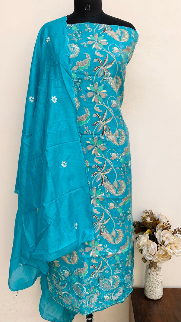 Designer Embroidered Suit Length 3 Piece Blue Muslin Cotton With Sequence Work