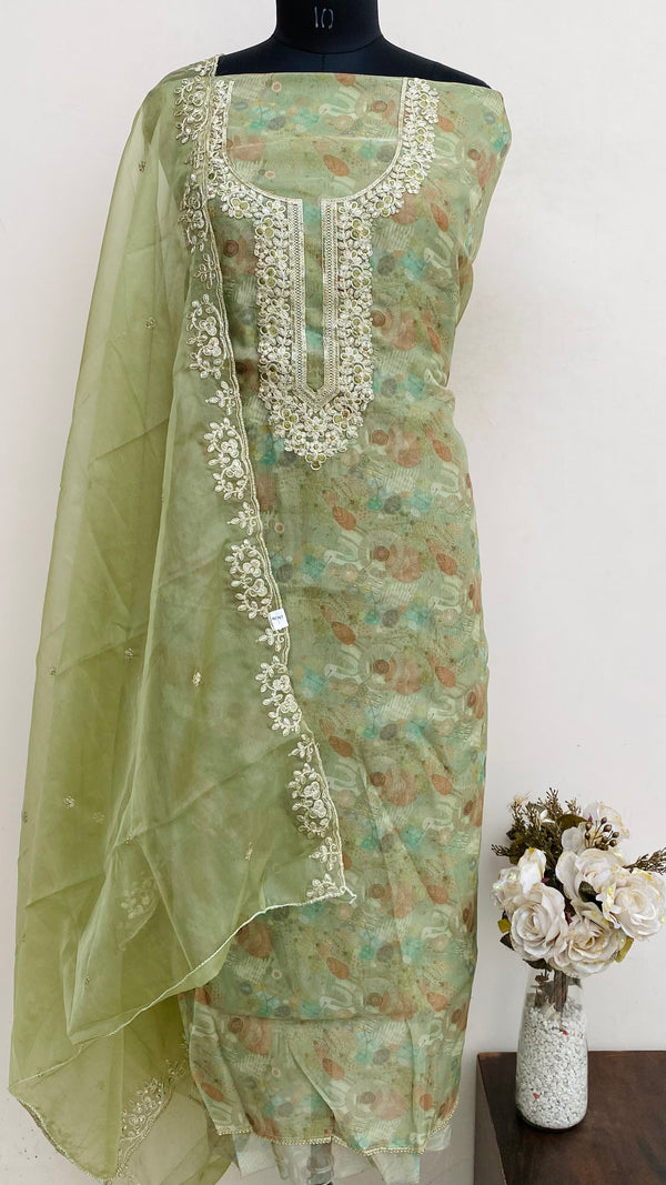Designer Embroidered Suit Length 3 Piece Green Organza With Sequence Work