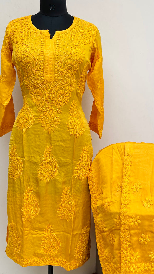 Lucknowi Chikankari Co-ord Set Mustard Muslin Cotton With Self 3D Work