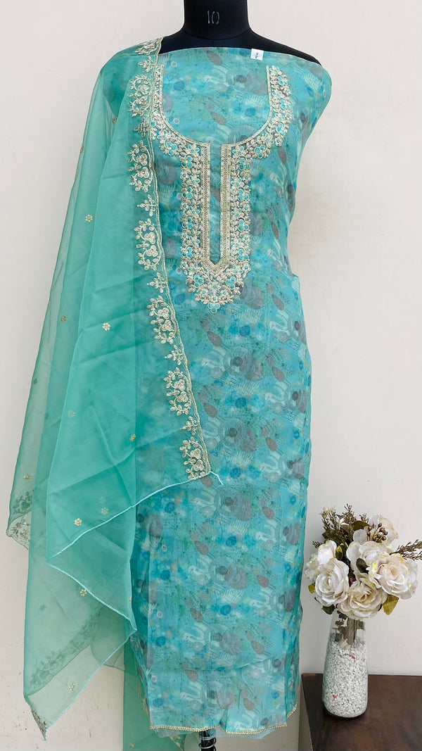 Designer Embroidered Suit Length 3 Piece Green Organza With Sequence Work