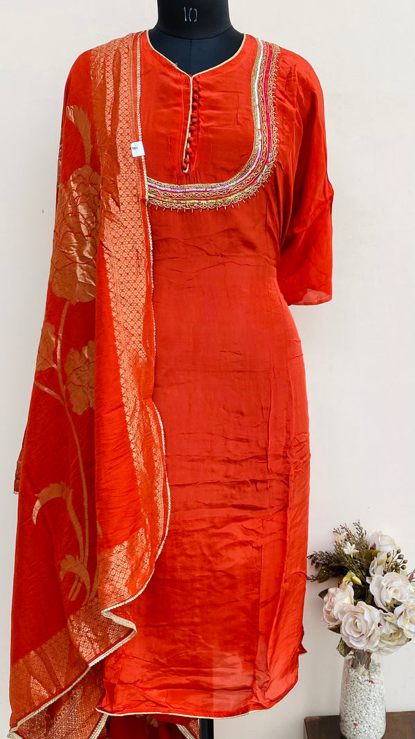 Designer Embroidered Suit Length 3 Piece Rust Muslin Cotton With Pearl ,Cutdana & Sequence Work