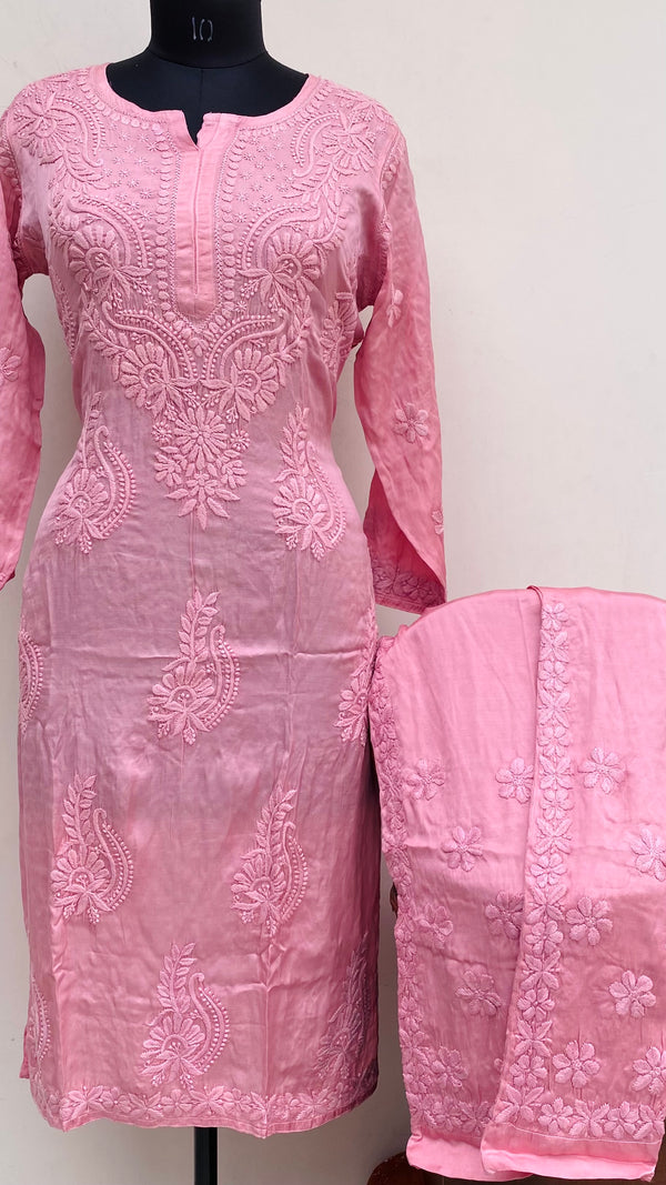 Lucknowi Chikankari Co-ord Set Pink Muslin Cotton With Self 3D Work