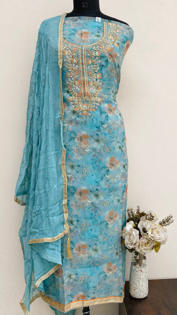 Designer Embroidered Suit Length 3 Piece Blue Organza With Pearl ,Cutdana & Sequence Work