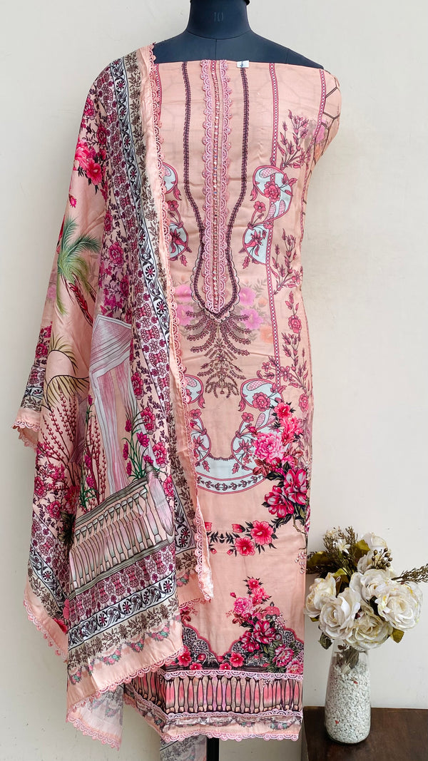 Designer Embroidered Suit Length 3 Piece Pink Muslin Cotton With Mirror & Stone Work