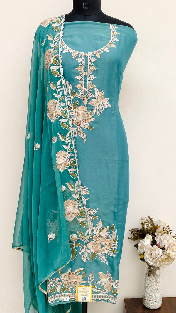 Designer Embroidered Suit Length 3 Piece Green Mal Chanderi