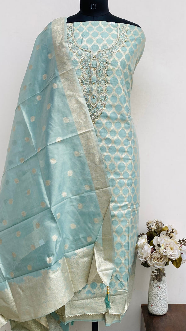 Designer Embroidered Suit Length 3 Piece Blue Mal Chanderi With Pearl, Sequence & Cutdana Work