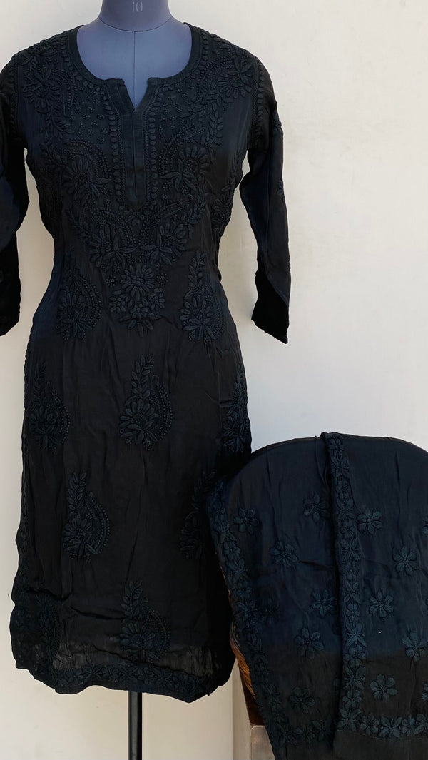 Lucknowi Chikankari Co-ord Set Black Muslin Cotton With Self 3D Work
