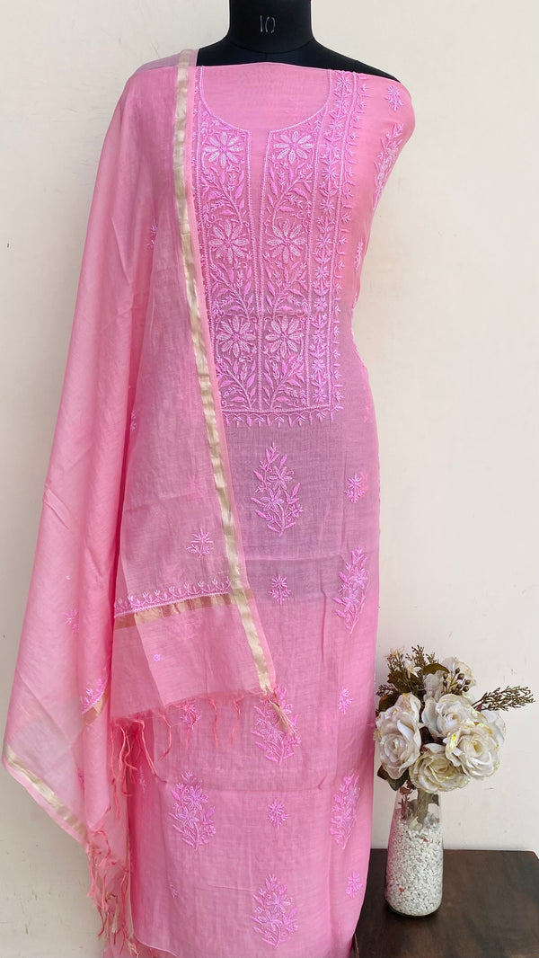Lucknowi Chikankari Suit Length 2 Piece Pink Mal Chanderi With Cutdana Work