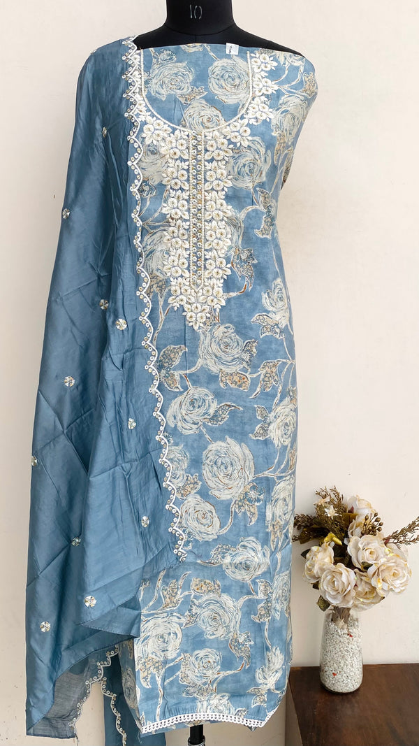 Designer Embroidered Suit Length 3 Piece Gray Muslin Cotton With Sequence Work