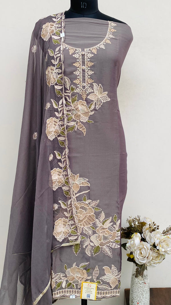 Designer Embroidered Suit Length 3 Piece Gray Mal Chanderi