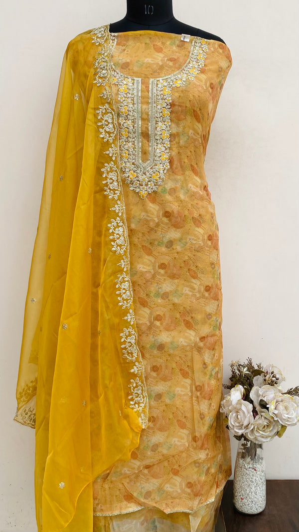 Designer Embroidered Suit Length 3 Piece Yellow Organza With Sequence Work