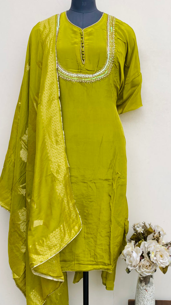 Designer Embroidered Suit Length 3 Piece Mehndi Green Muslin Cotton With Pearl, Cutdana & Sequence Work