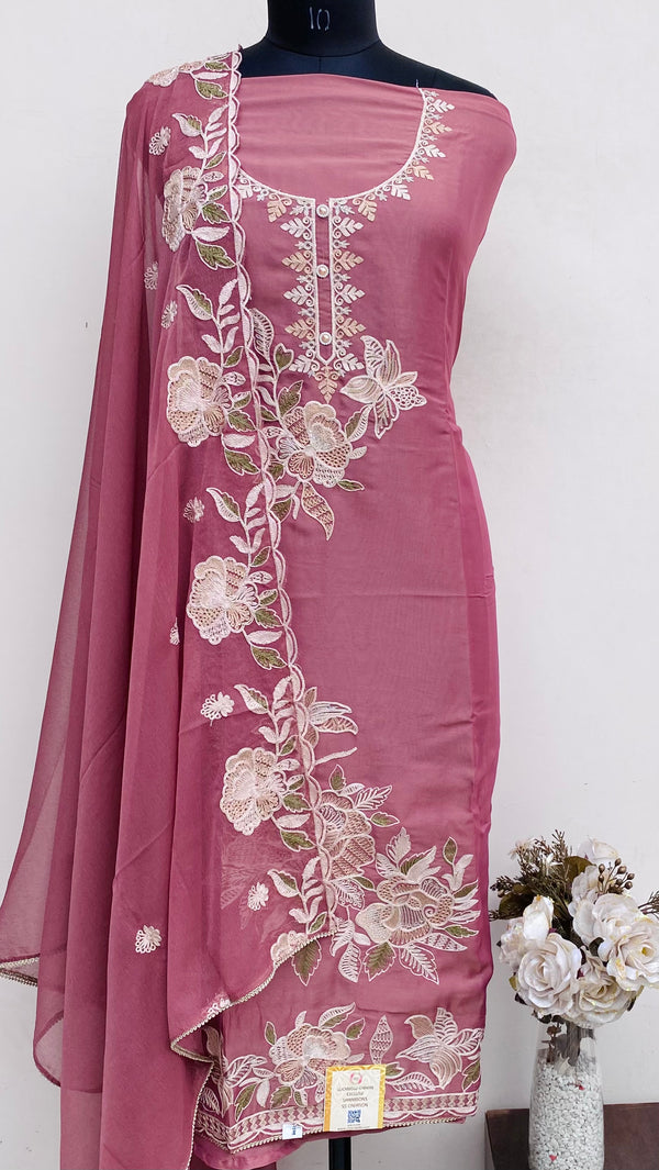 Designer Embroidered Suit Length 3 Piece Pink Mal Chanderi