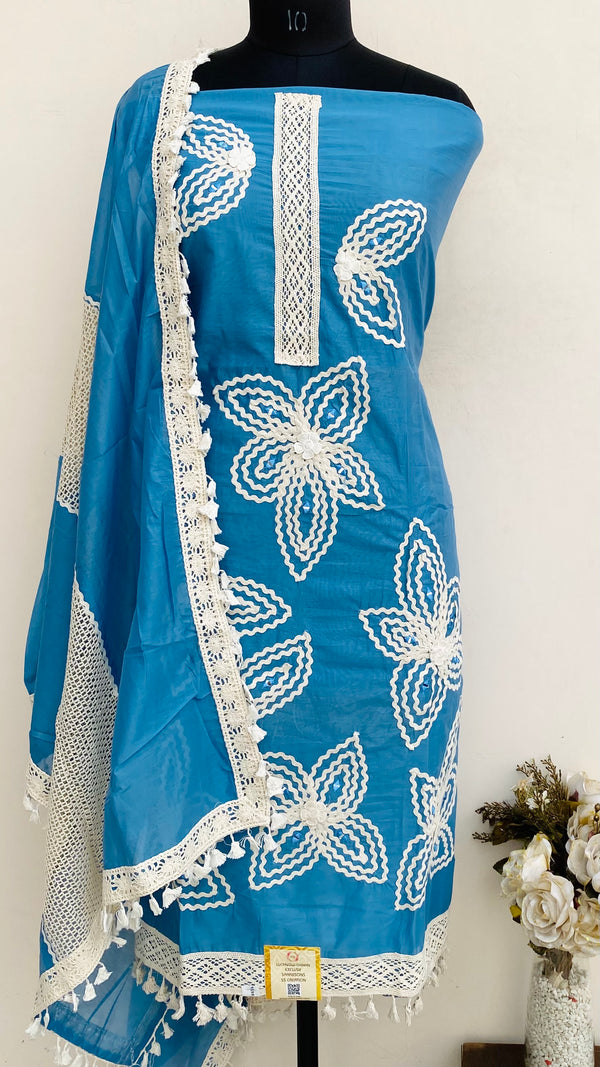 Designer Embroidered Suit Length 3 Piece Blue Mal Chanderi With Mirror Work