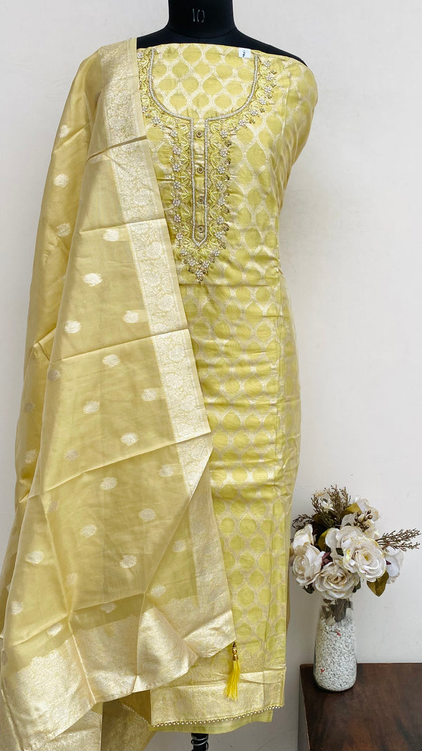Designer Embroidered Suit Length 3 Piece Yellow Mal Chanderi With Pearl, Sequence & Cutdana Work
