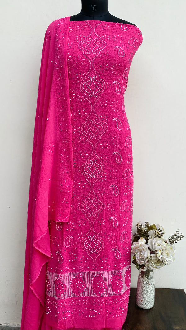 Lucknowi Chikankari Suit Length 2 Piece Pink Pure Georgette With Pearl & Cutdana Work
