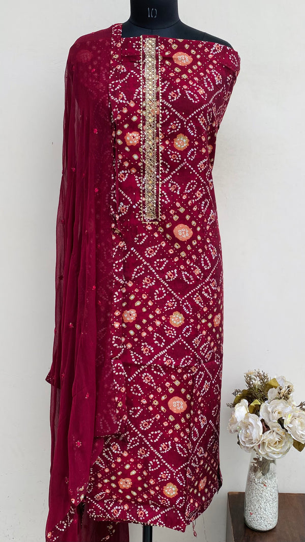 Designer Embroidered Suit Length 3 Piece Maroon Muslin Cotton With Cutdana & Sequence Work