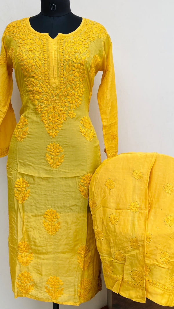 Lucknowi Chikankari Co-ord Set Yellow Muslin Cotton With Self & Mukaish Work