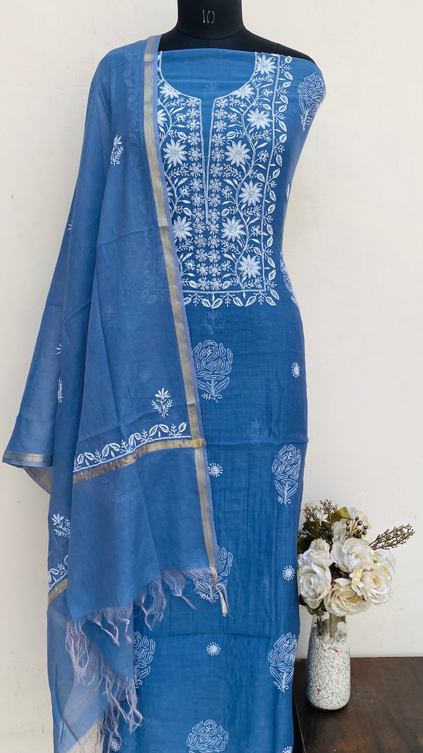 Lucknowi Chikankari Suit Length 2 Piece Blue Mal Chanderi With Cutdana Work