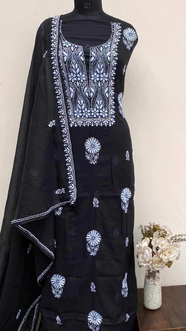 Lucknowi Chikankari Suit Length 2 Piece Black Mal Chanderi With Sequence ,Pearl & Cutdana Work