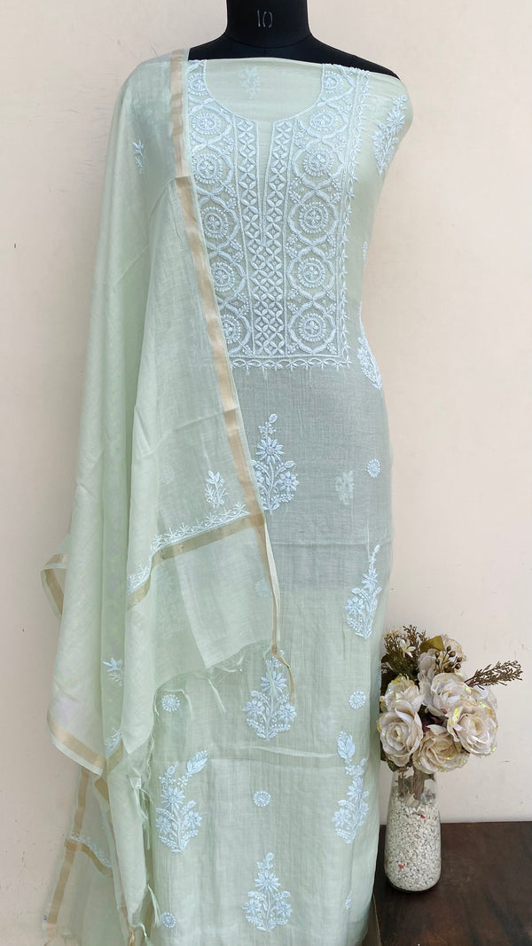 Lucknowi Chikankari Suit Length 2 Piece Green Mal Chanderi With Cutdana Work