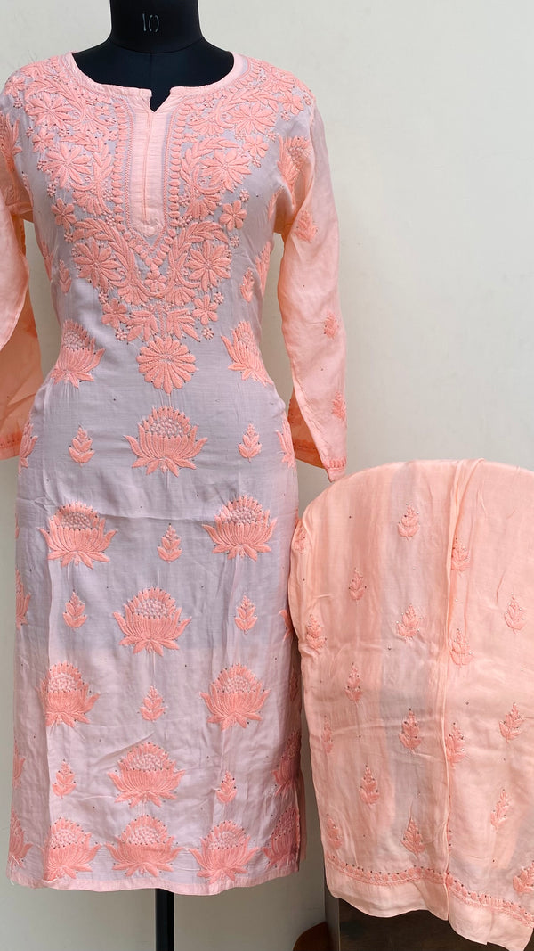Lucknowi Chikankari Co-ord Set Peach Muslin Cotton With Self & Mukaish Work
