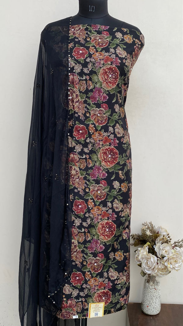 Designer Embroidered Suit Length 3 Piece Black Muslin Cotton With Pearl ,Cutdana & Stone Work