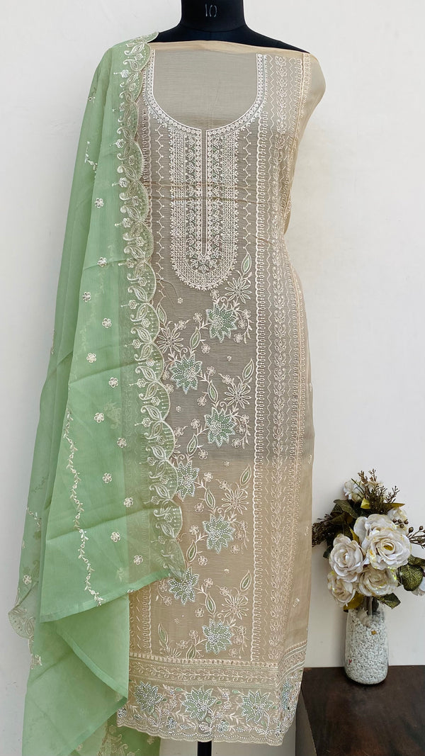 Designer Embroidered Suit Length 3 Piece  Beige Organza With Sequence & Stone Work