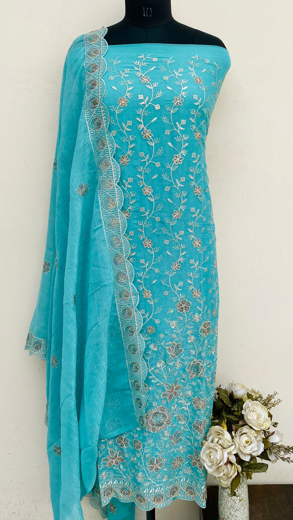 Designer Embroidered Suit Length 3 Piece Blue Organza With Sequence & Stone Work
