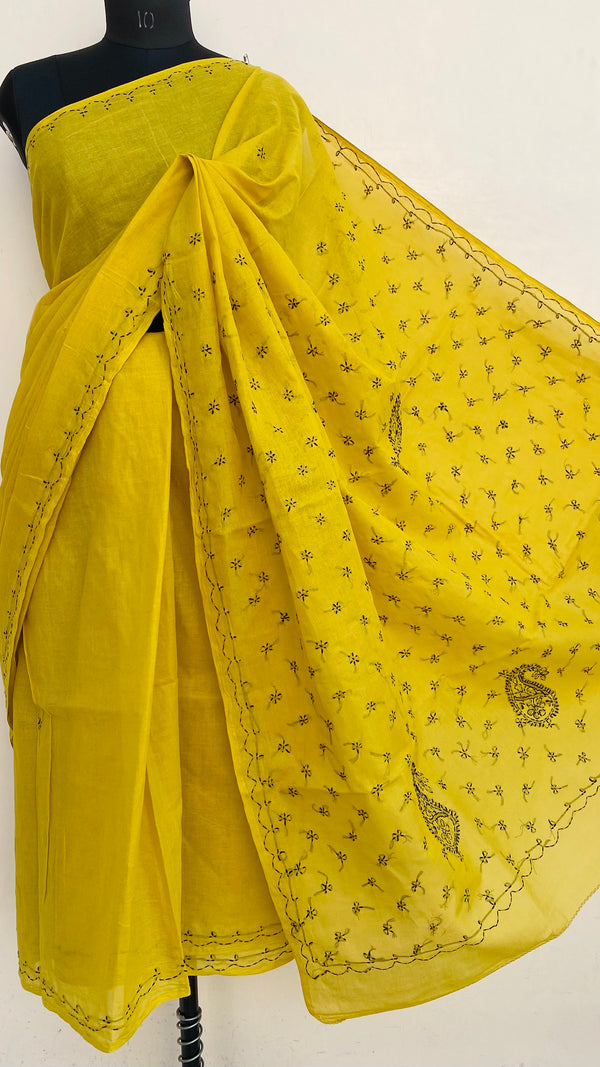 Lucknowi Chikankari Saree Mustard Cotton