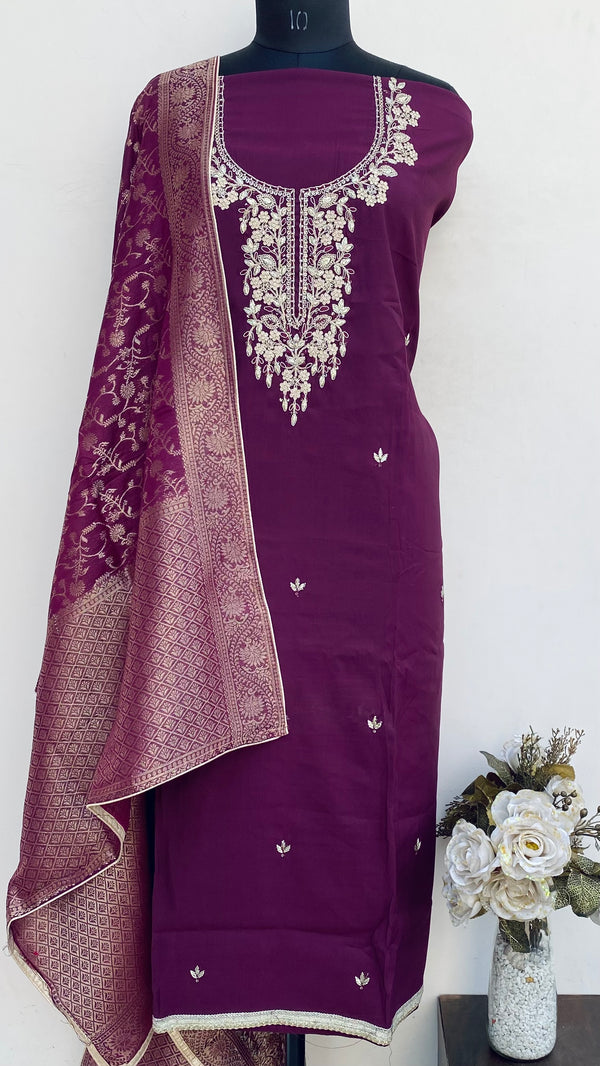 Designer Embroidered Suit Length 3 Piece Wine Mal Chanderi With Sequence Work