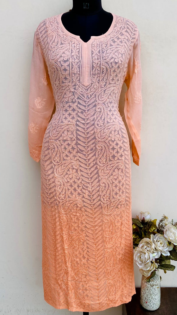Lucknowi Chikankari Ombre Kurti Peach Pure Georgette With Resham & Self Work