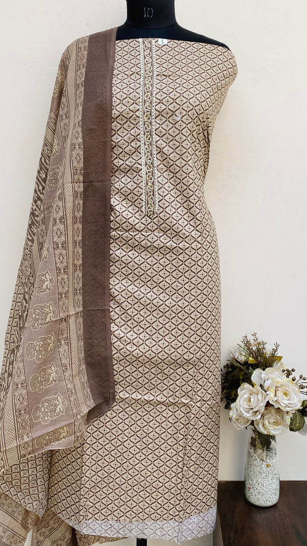 Designer Embroidered Suit Length 3 Piece Brown Mal Cotton With Pearl & Cutdana Work