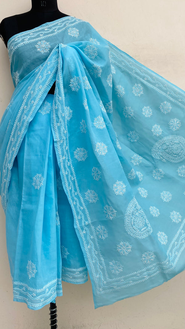 Lucknowi Chikankari Saree Blue Cotton