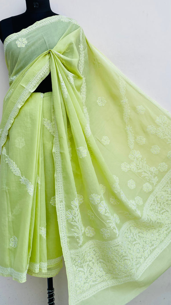 Lucknowi Chikankari Saree Green Cotton