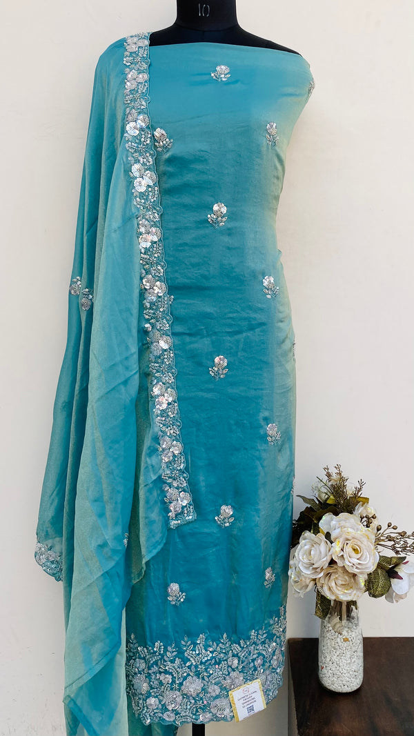 Designer Embroidered Suit Length 3 Piece Blue Tissue With Sequence & Cutdana Work