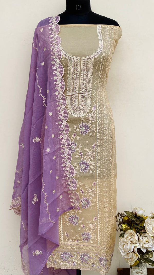 Designer Embroidered Suit Length 3 Piece Beige Organza With Sequence & Stone Work