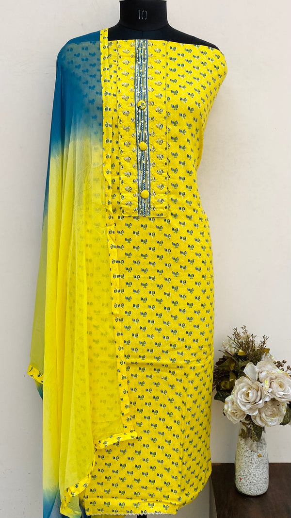 Designer Embroidered Suit Length 3 Piece Yellow Mal Cotton With Pearl Work