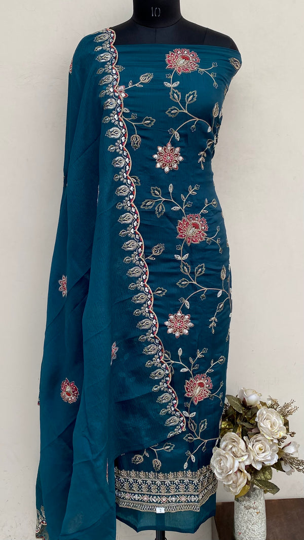 Designer Embroidered Suit Length 3 Piece Blue Organza With Sequence, Cutdana & Pearl Work