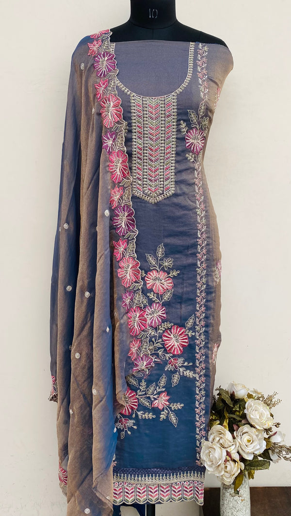 Designer Embroidered Suit Length 3 Piece Blue Tissue With Sequence Work