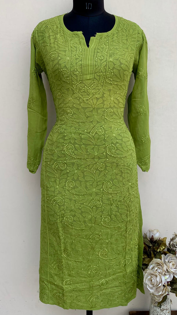 Lucknowi Chikankari Kurti Green Pure Georgette With Resham & Self Work