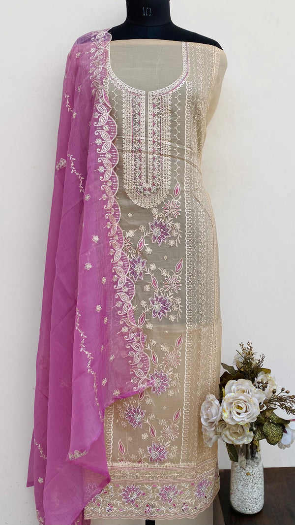 Designer Embroidered Suit Length 3 Piece  Beige Organza With Sequence & Stone Work