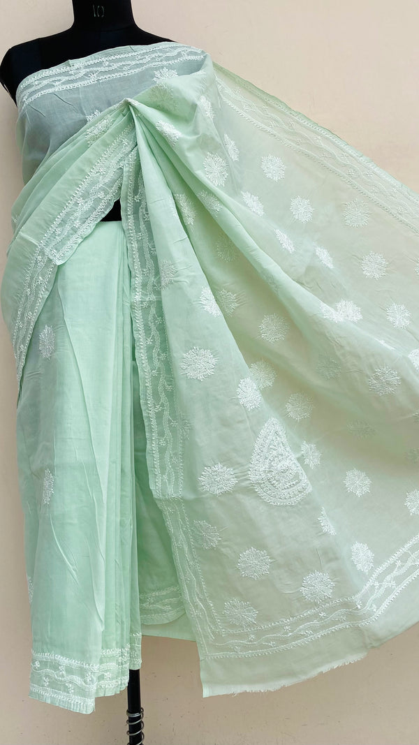 Lucknowi Chikankari Saree Teal Green Cotton