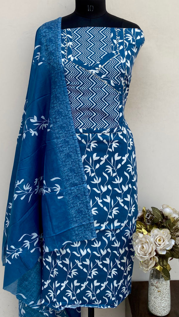 Designer Embroidered Suit Length 3 Piece Blue Mal Cotton