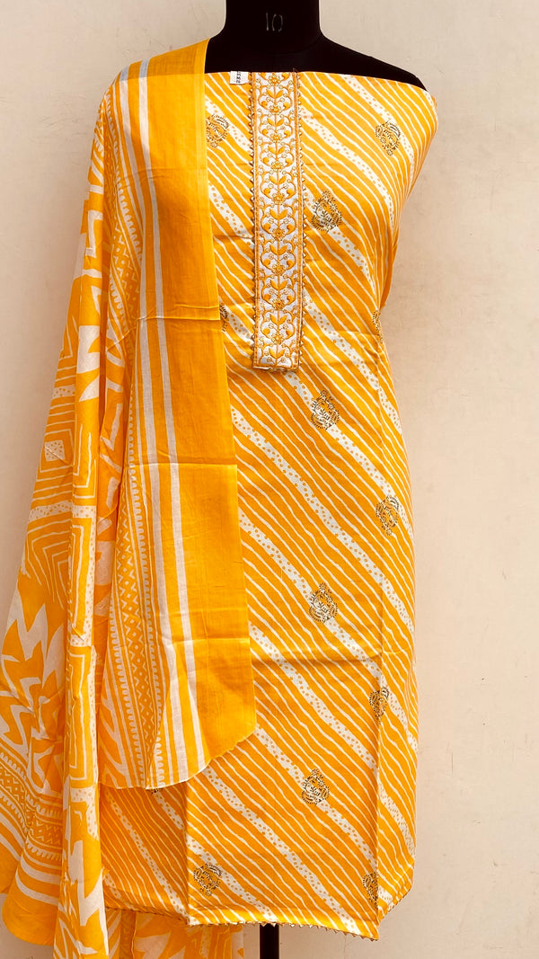 Designer Embroidered Suit Length 3 Piece Yellow Mal Cotton With Sequence Work