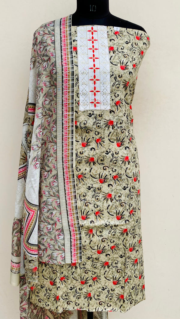 Designer Embroidered Suit Length 3 Piece Beige Mal Cotton With Sequence Work