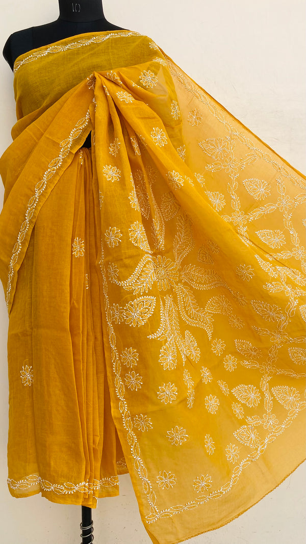 Lucknowi Chikankari Saree Mustard Cotton